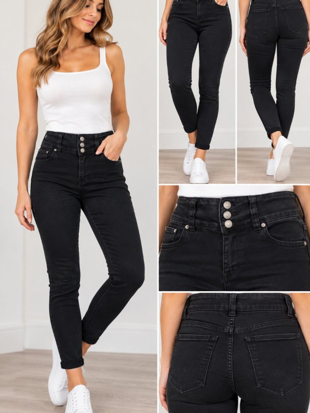 Black Stretchy Skinny Jeans High Waist Triple Button Size M